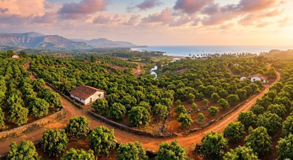 Authentic Alphonso mango orchards on the Konkan coast with red soil