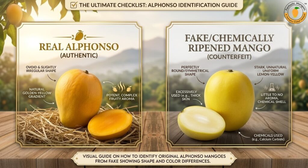 Visual guide on how to identify original Alphonso mangoes from fake showing shape and color differences.