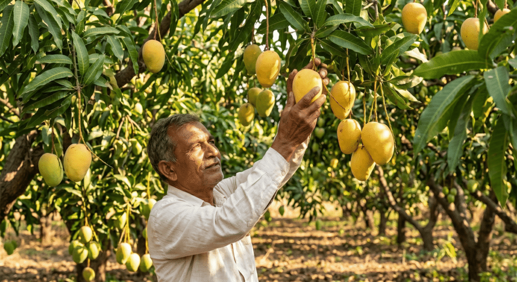 A medium eye-level shot of a weathered Indian farmer wearing a light-colored shirt standing in a lush Alphonso mango orchard. He is reaching up with one hand to gently inspect a ripe, golden-yellow mango hanging from a leafy branch, surrounded by warm, dappled sunlight filtering through the trees.