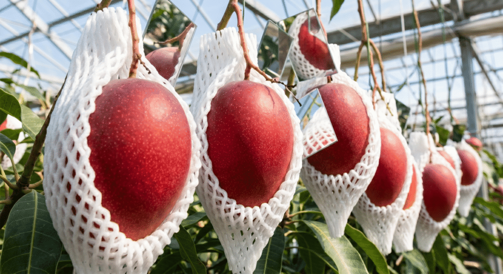 A detailed close-up shot focused on premium, deep red Miyazaki (Taiyo no Tamago) mangoes hanging in a sun-drenched greenhouse. Each fruit is individually cradled in a soft white mesh bag, and small reflective mirrors are positioned to direct focused sunlight onto the mangoes, highlighting the engineered cultivation process.